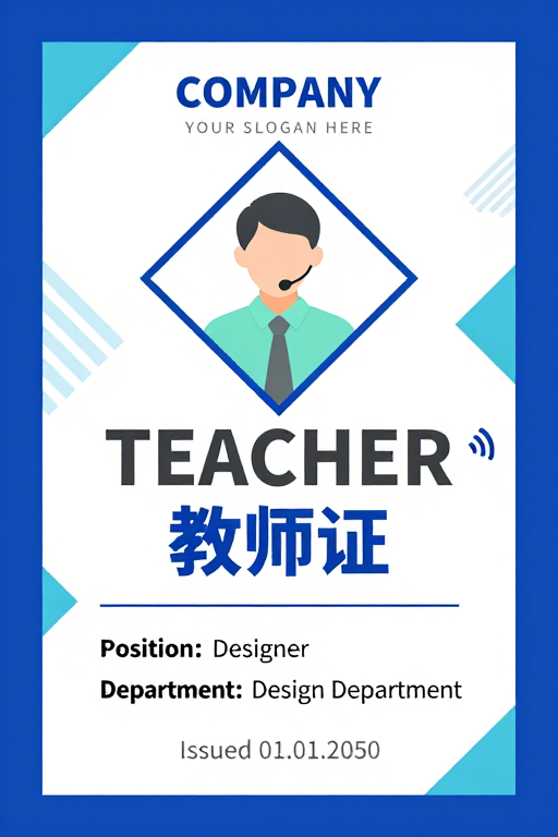 现代商务蓝白教师证设计：科技感与专业结合