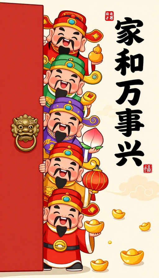 家和万事兴五路财神庆贺 国风水彩插画