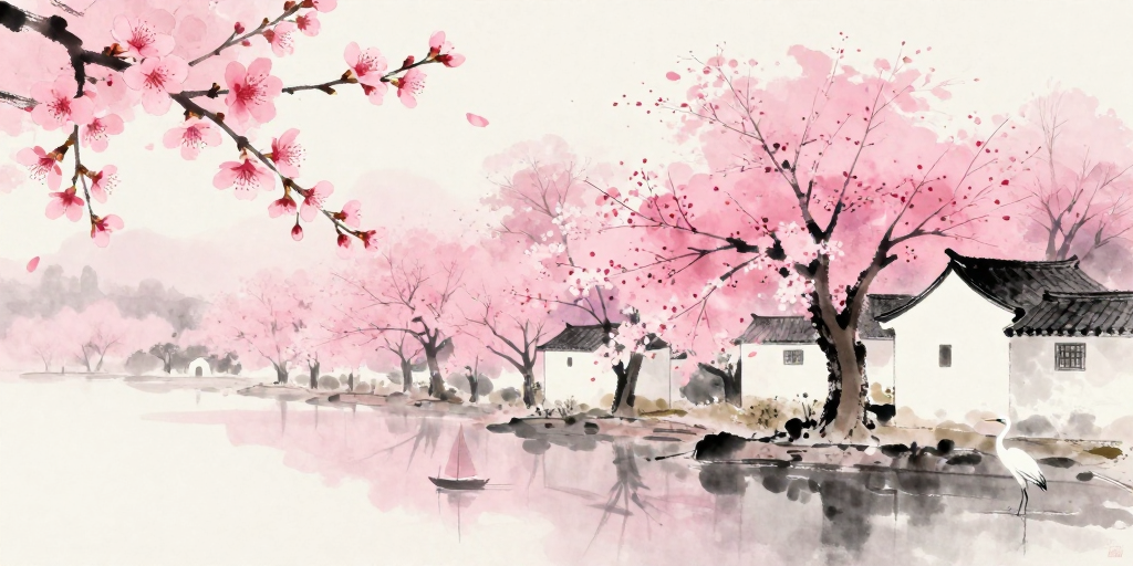 水墨春樱：淡雅粉紫樱花意境图