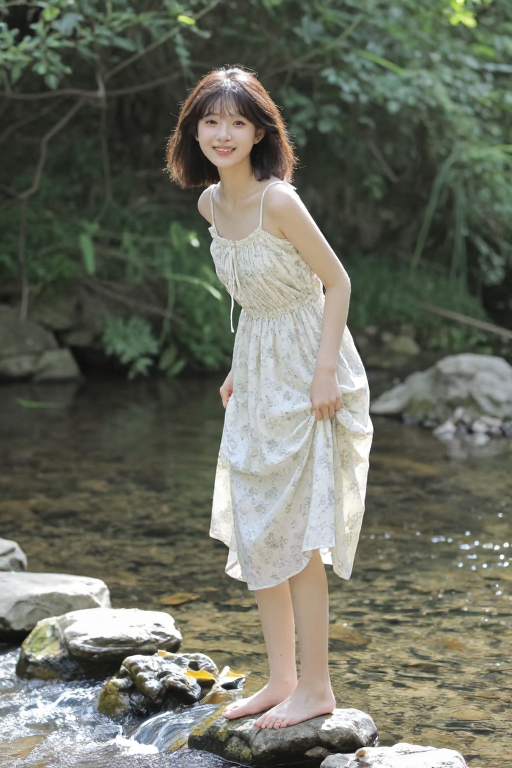 夏日溪流边的甜美少女:清新写实人像摄影