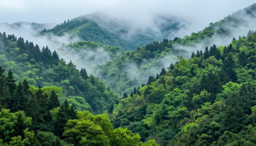 晨曦薄雾中的翠绿山林：自然与光影的诗意交织