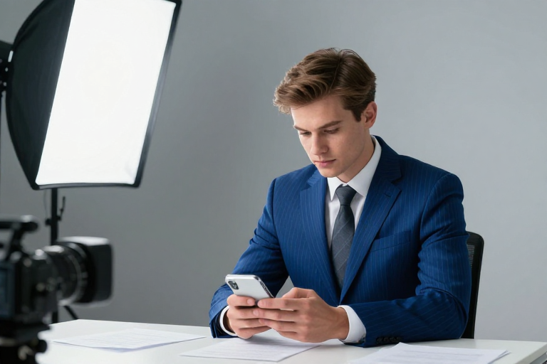 商务精英专注操作手机，冷调办公场景展现专业形象