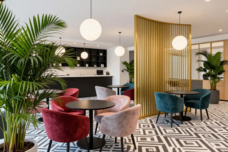 现代办公休闲区:色彩与绿植的和谐空间