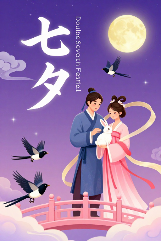 七夕梦幻古风插画海报:紫粉星空下的甜蜜邂逅