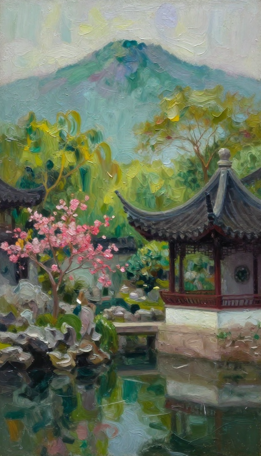 苏州园林油画：繁花暗调的梦幻厚涂意境