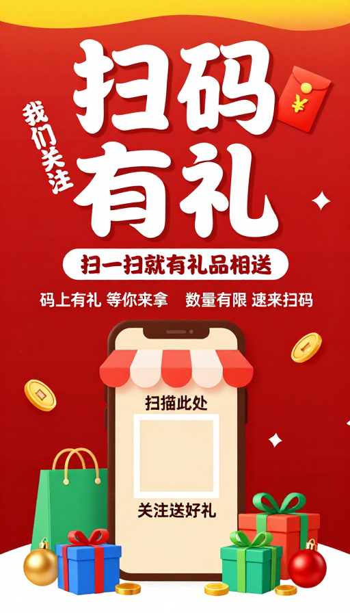 红色春节促销海报:扫码有礼 限时抢购