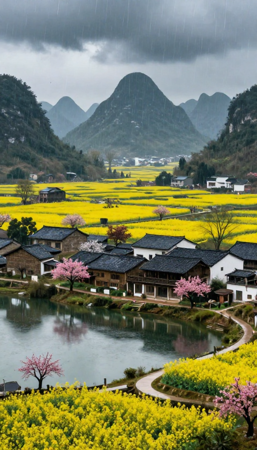 喀斯特山村的雨中田园写实摄影