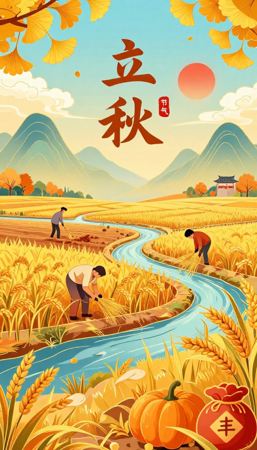 新中式立秋插画：金黄稻浪与丰收喜悦