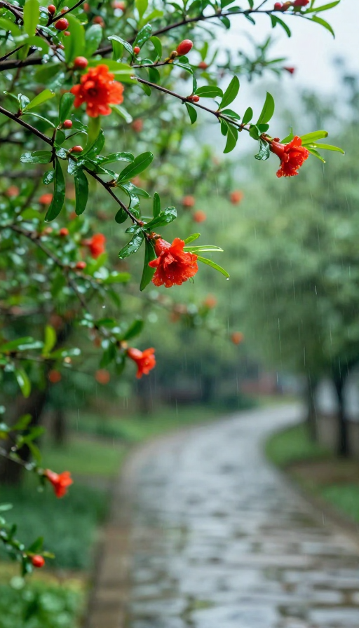 春雨润石榴花 生机盎然石径曲