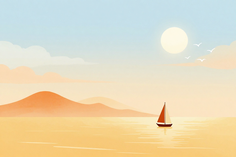 极简暖调黄昏海景：水彩笔触中的宁静之旅