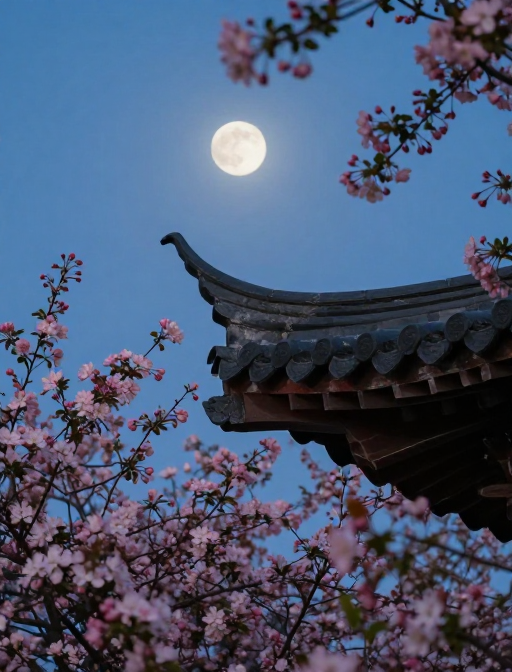 月下海棠：春夜屋檐光影诗意