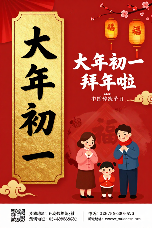 红金喜庆中国风春节海报：大年初一新年祝福