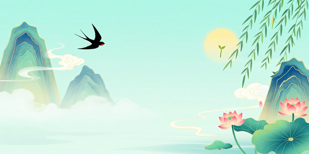 新中式燕归春景：留白雅韵国风插画