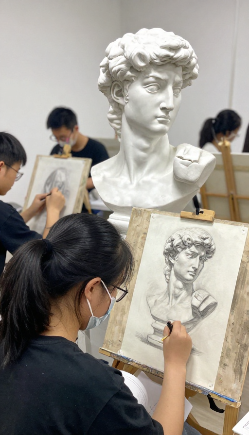 画室学生写生素描大卫像：专注的艺术课堂瞬间