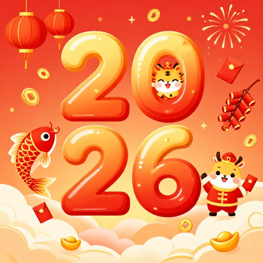 2026喜庆卡通插画：金红配色新年贺岁海报