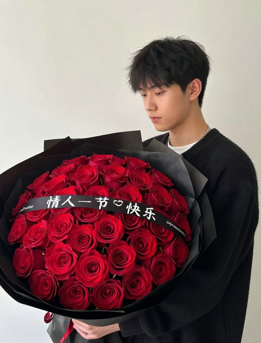 情人节浪漫:帅哥手持巨型玫瑰束送上祝福