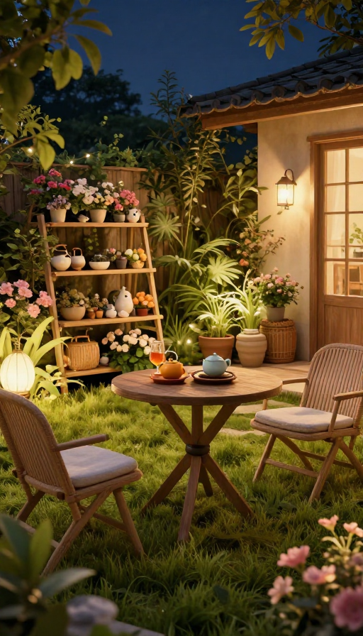暖光露台夜景:草木花架与茶点细节