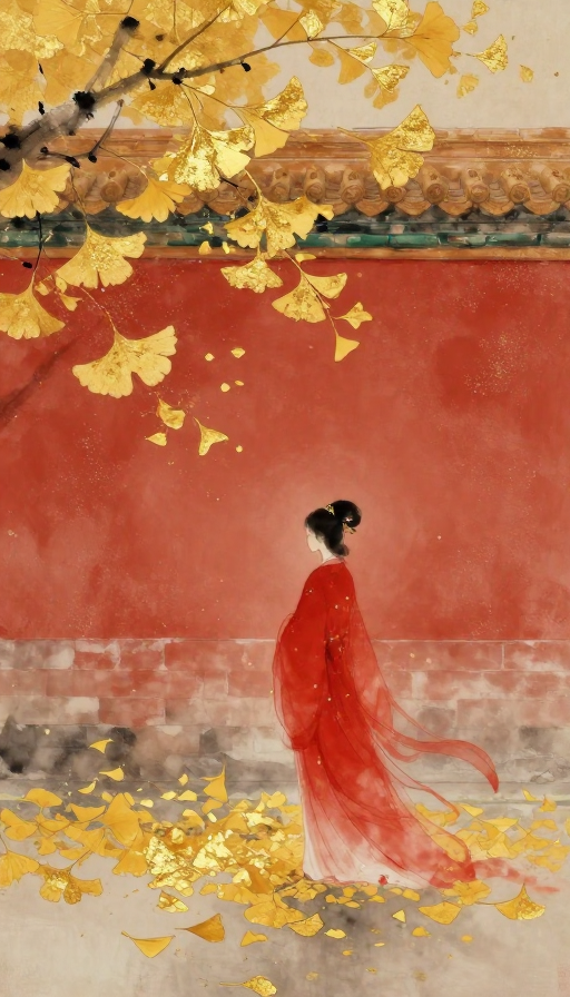 金箔晕染古韵红裙仕女：故宫红墙与满地金黄