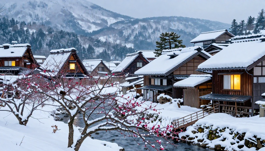 冬日雪映古韵：暖窗透光的日式村落摄影