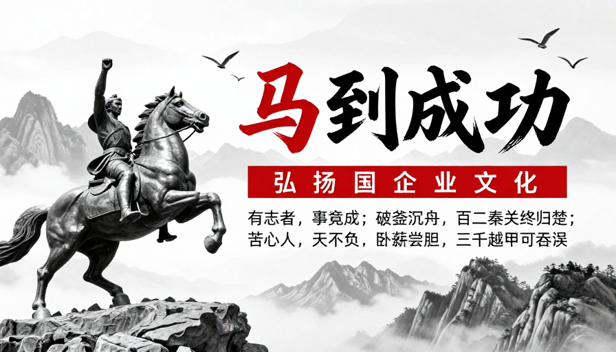 黑白红铜雕书法海报：企业文化奋斗精神