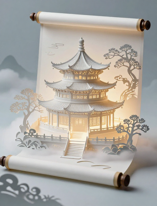 中国古风卷轴：梦幻建筑与剪纸艺术的唯美意境