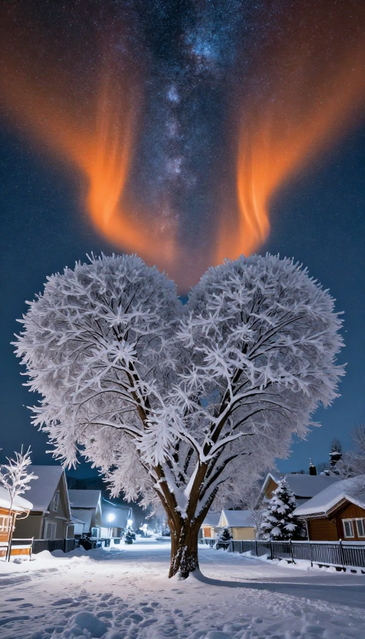 极光雪夜奇观：心形古树守护星河秘境
