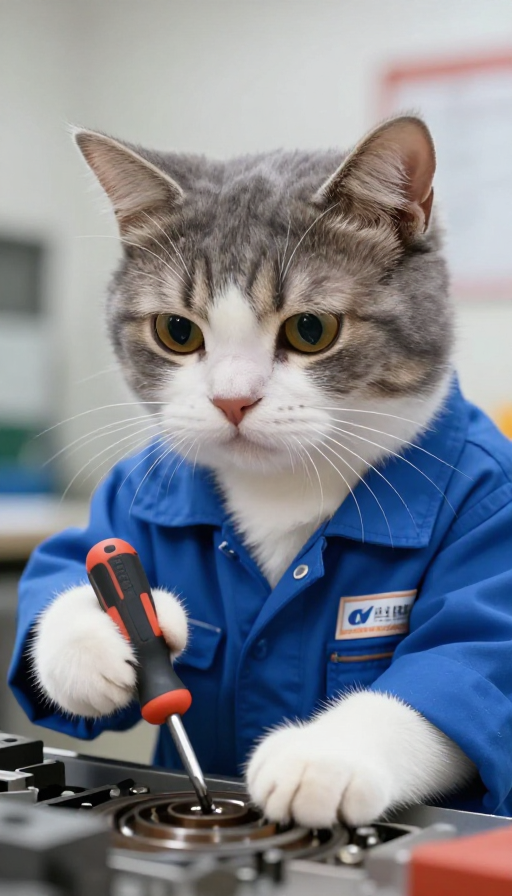 专注的打工猫:蓝色工装的猫咪螺丝钉精神