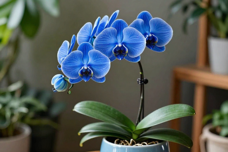 湛蓝蝴蝶兰盛放，家居装饰艺术感盆栽摄影