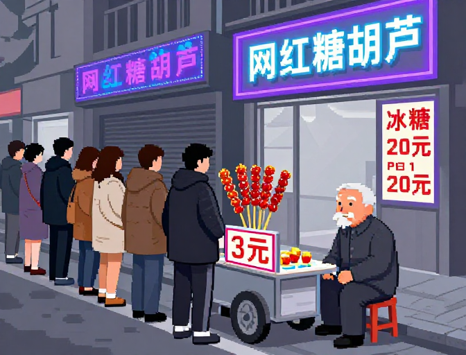 像素风插画:老街糖葫芦摊与网红店的冷暖对比