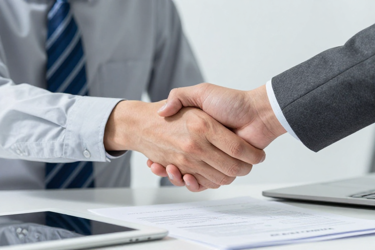 商务握手特写：专业合作与金融签约的象征