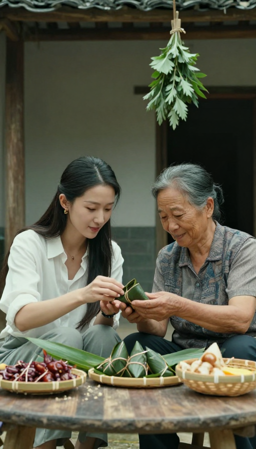 母女同享粽香:电影质感的乡村温情时刻