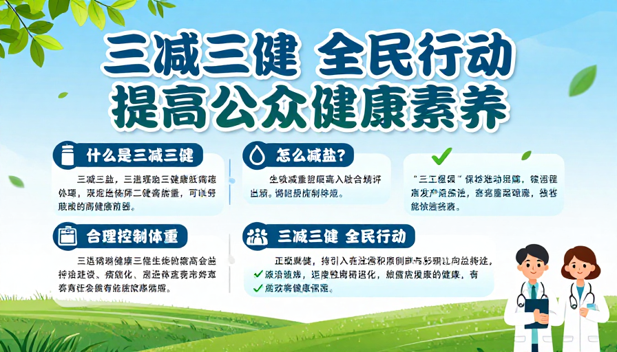 清新蓝绿风健康科普海报：全民三减三健行动