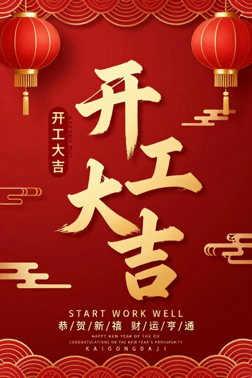 喜庆金红中国风新年开工海报设计