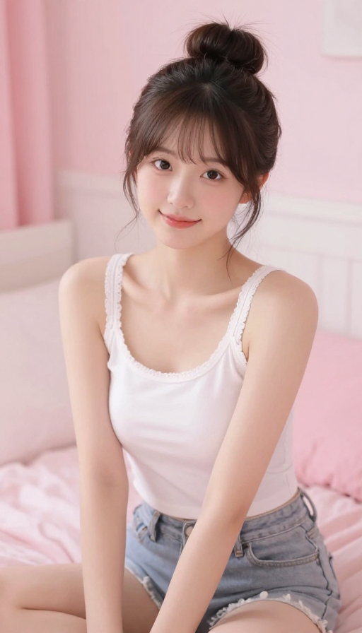 日系清纯美女:粉色卧室中的丸子头写真