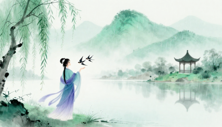 青绿晕染:水墨烟雨中的古风女子与飞燕