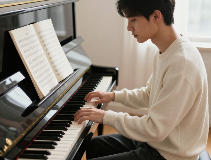 专注琴音：青年男子侧身弹奏钢琴的高清艺术照