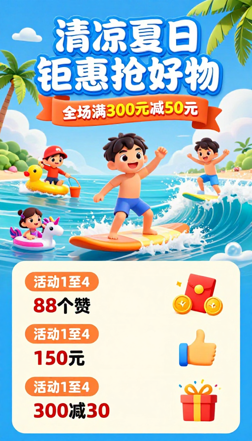 夏日狂欢!儿童冲浪潮玩+满减大促
