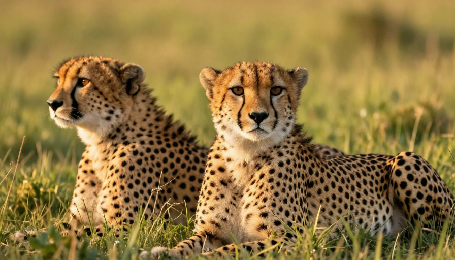 双猎豹静卧草丛 黄金时刻自然光影摄影