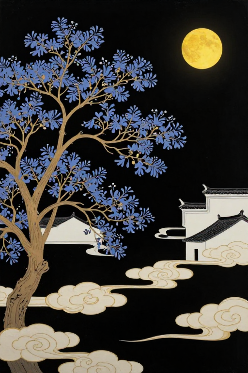 暗夜金箔漆画中的蓝楹花与徽派建筑融合意境