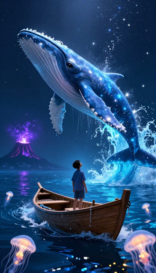 幽蓝幻境:少年仰望巨型蓝鲸的魔幻时刻