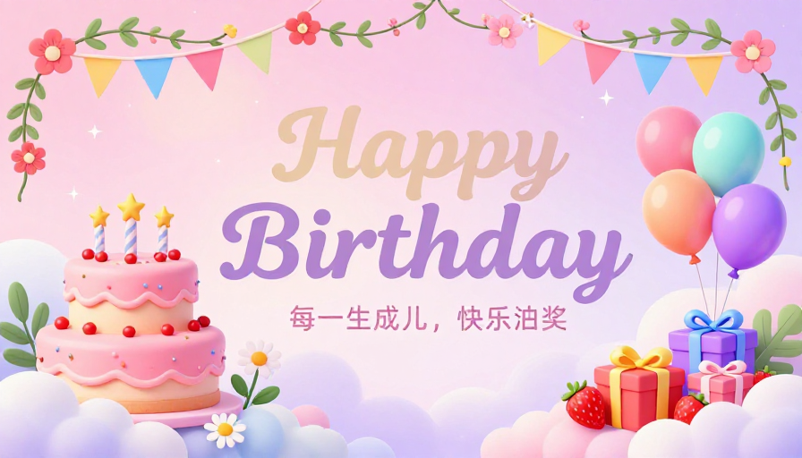 梦幻粉紫生日庆典插画海报