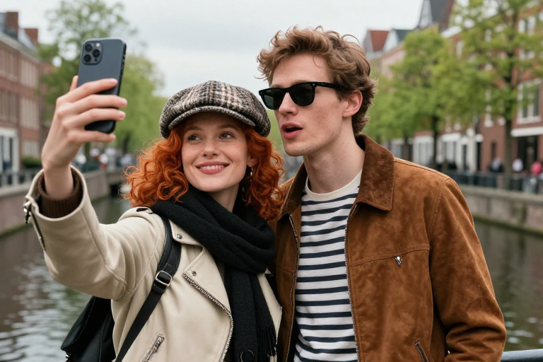 都市情侣运河浪漫自拍：阴冷色调的时尚写真