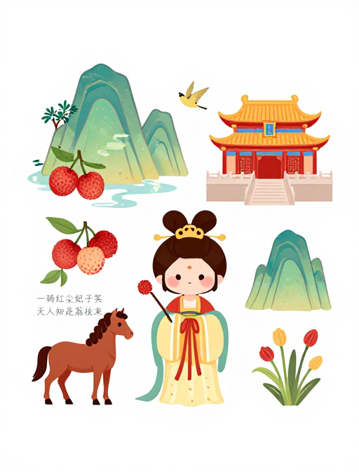 中国古风杨贵妃卡通插画：清新暖色矢量贴纸设计