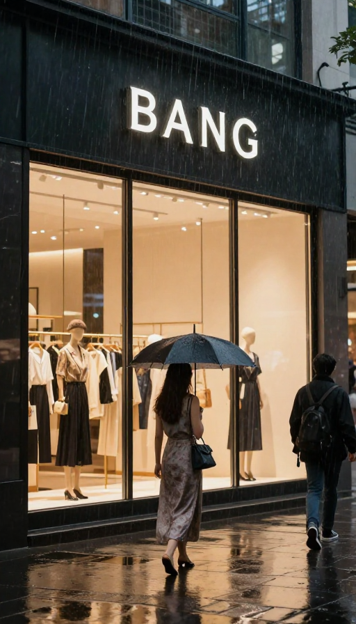 都市夜雨中的优雅背影：夏日橱窗前的高定时尚写真