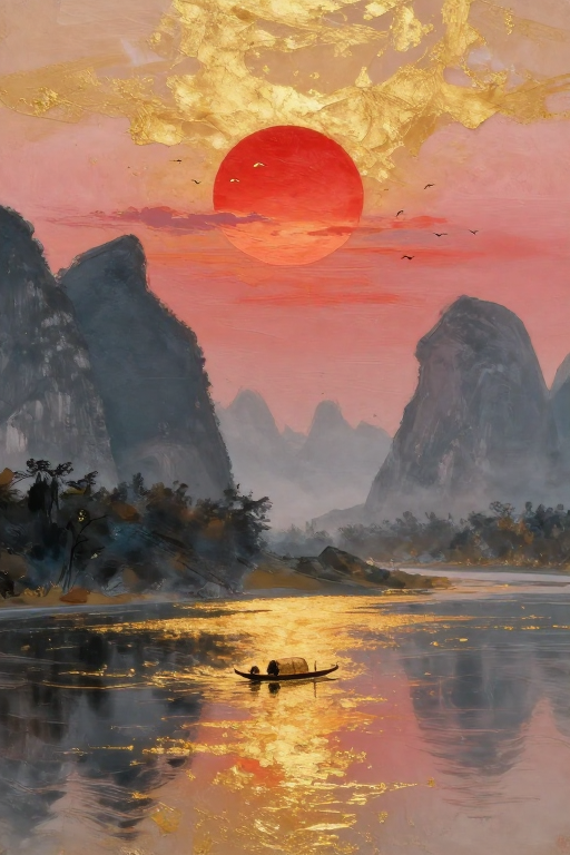 金箔岩彩:阳朔夕阳下的中国水墨意境