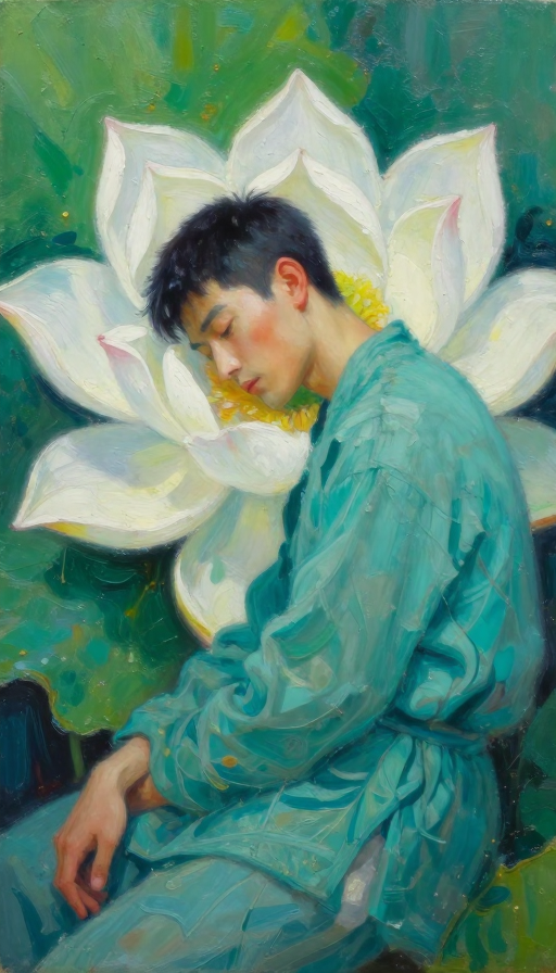 宁静厚涂：男子与白莲静憩的诗意油画