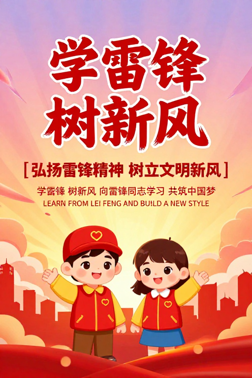 雷锋风采:红色书法海报与卡通插画结合