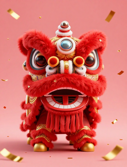 3D中国新年：红色醒狮与金色彩纸的喜庆场景
