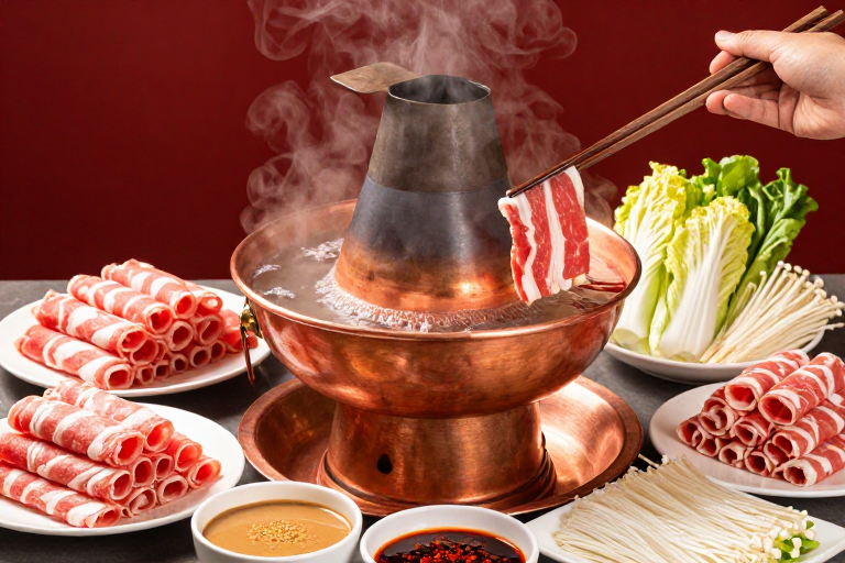 老北京铜锅涮羊肉沸腾特写，高清美食摄影广告