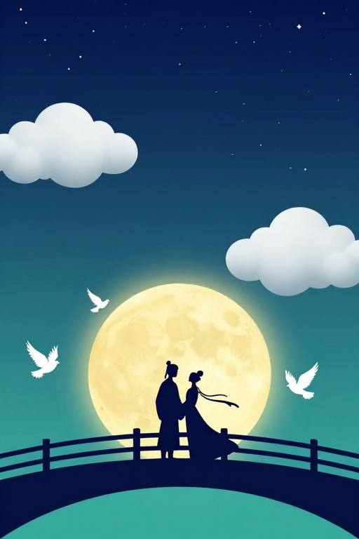浪漫夜空剪影：情侣与满月诗意插画